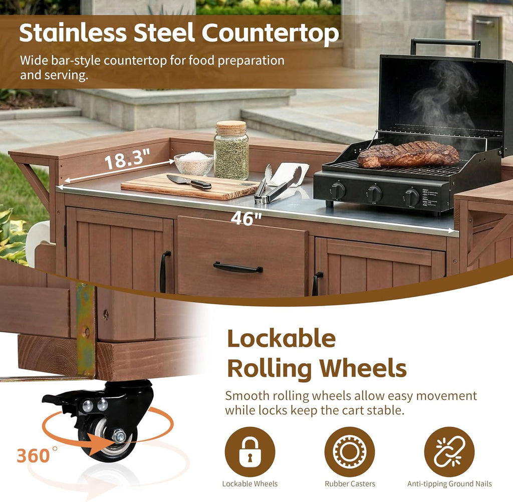 roomfitters Outdoor Grill Cart and Kitchen Island, Stainless Steel Top, Portable Potting Bench with Storage, Wheels, Brown