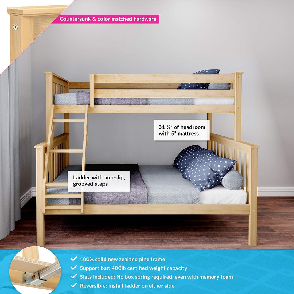 Max & Lily Bunk Bed Twin Over Full Size with Ladder, Solid Wood Platform Bed Frame with Ladder for Kids, 14' Safety Guardrails, Easy Assembly, No Box Spring Needed, Natural
