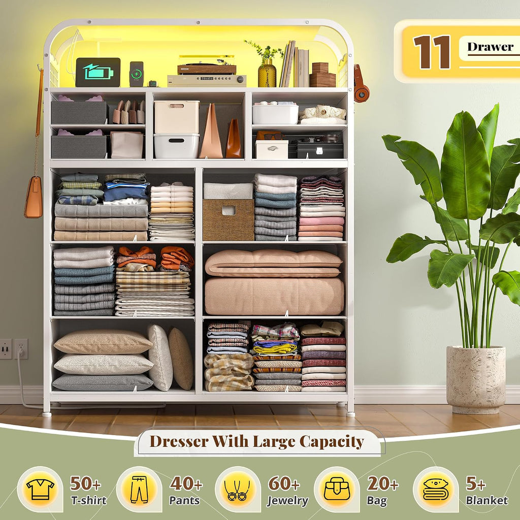 EnHomee 47' H Dressers & Chests of Drawers with LED Lights & Charging Station, Dresser for Bedroom with 11 Fabric Drawers & 4 Hooks & Open Shelves, Entryway, Hallway, Dorm White