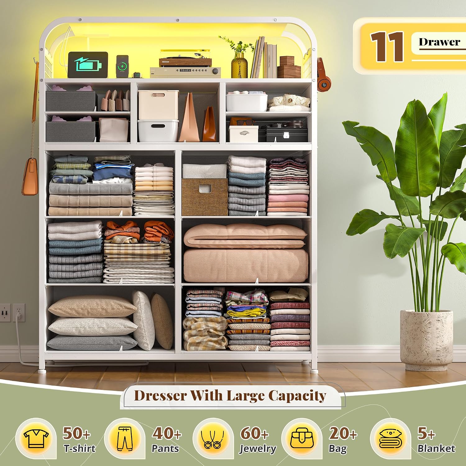 EnHomee 47' H Dressers & Chests of Drawers with LED Lights & Charging Station, Dresser for Bedroom with 11 Fabric Drawers & 4 Hooks & Open Shelves, Entryway, Hallway, Dorm White