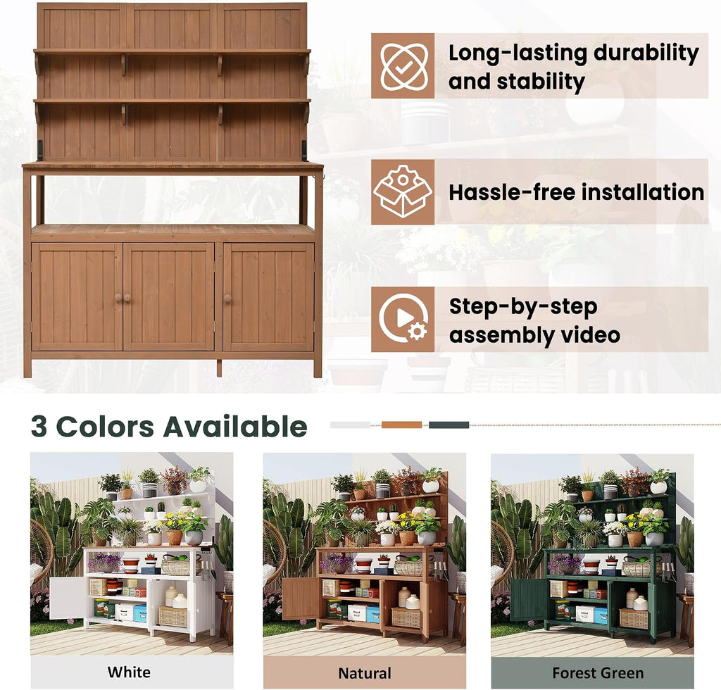 Rustic 50.2' Solid Fir Wood Patio Potting Bench with Hutch,Garden Workstation with Large Countertop,2 Shelves,2 Cabinets,3 Side Hooks,Planting Table for Backyard (Natural#H)