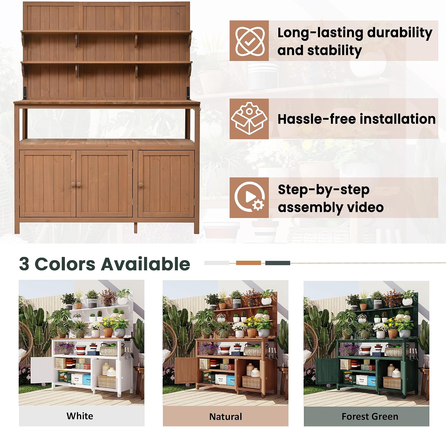 Rustic 50.2' Solid Fir Wood Patio Potting Bench with Hutch,Garden Workstation with Large Countertop,2 Shelves,2 Cabinets,3 Side Hooks,Planting Table for Backyard (Natural#H)