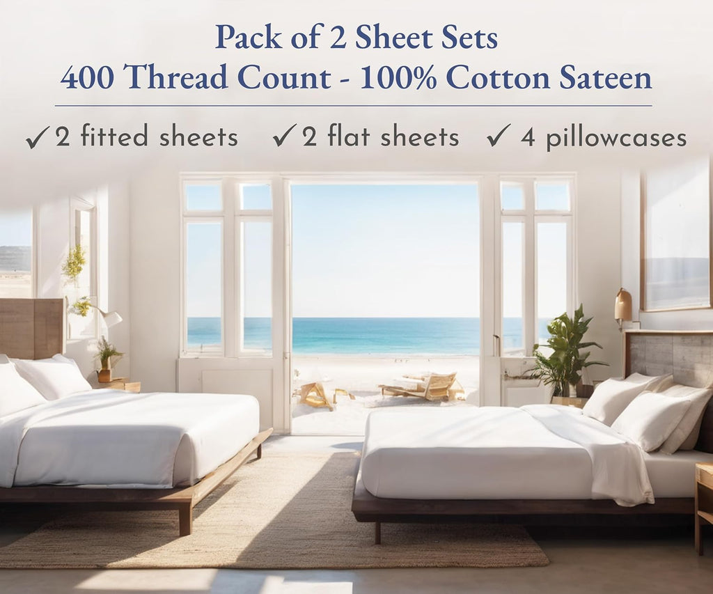 California Design Den Pack of 2 Sheet Sets King Size - 400 Thread Count 100% Cotton Sateen - Soft and Breathable Sheets, 2 Sets of Deep Pocket Bed Sheets - Bright White