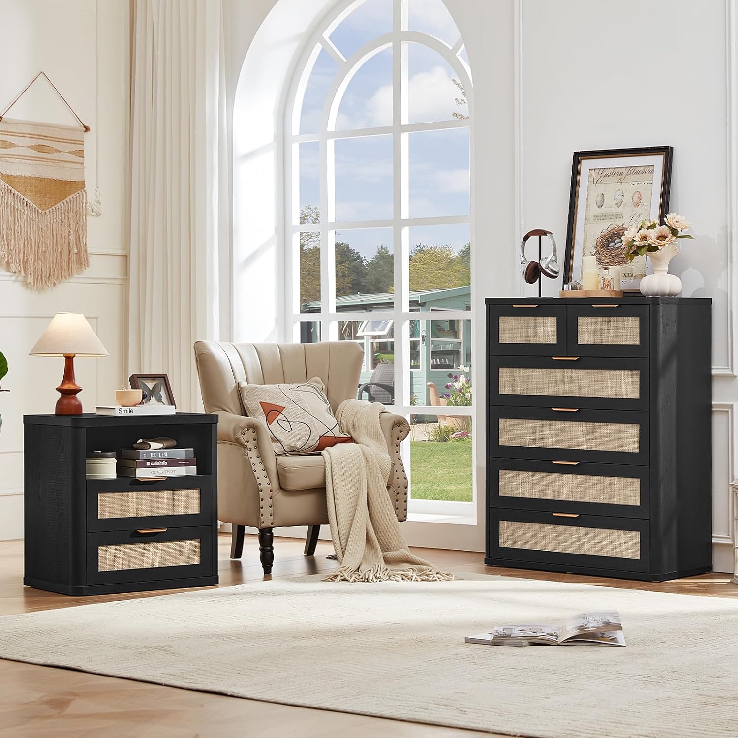 LEYAOYAO Rattan Dresser for Bedroom Set of 2, 42' Tall Chest of Drawers, Modern 6 Drawers Boho Dressers with Storage, Light Oak Dresser Wooden Closet Organizer for Living Room, Hallway, Black