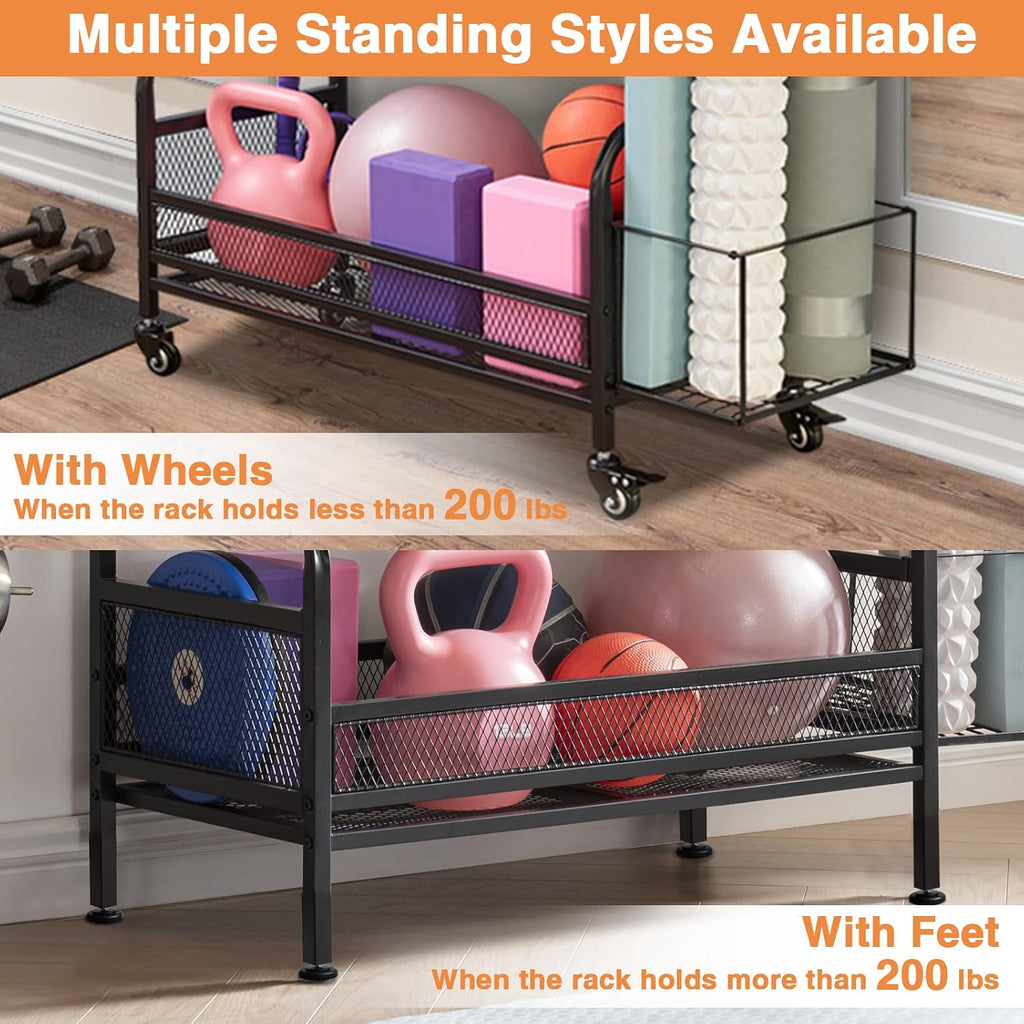Taller Home Gym Storage Organizer, Yoga Mat Storage Rack with Hanging Board, Exercise Workout Equipment Storage Stand for Home Gym, Dumbbell Holder Kettlebell Rack with Wheels and Hooks