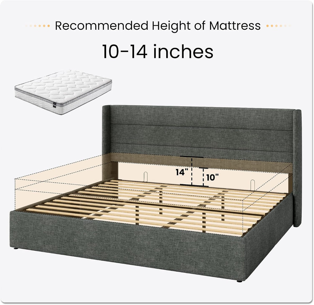 SHA CERLIN King Size Lift Up Storage Bed/Modern Wingback Headboard/Upholstered Platform Bed Frame/Hydraulic Storage/No Box Spring Needed/Wood Slats Support/Dark Grey