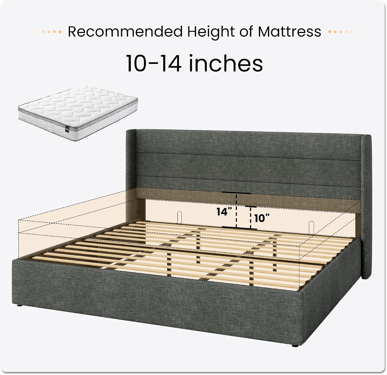 SHA CERLIN King Size Lift Up Storage Bed/Modern Wingback Headboard/Upholstered Platform Bed Frame/Hydraulic Storage/No Box Spring Needed/Wood Slats Support/Dark Grey