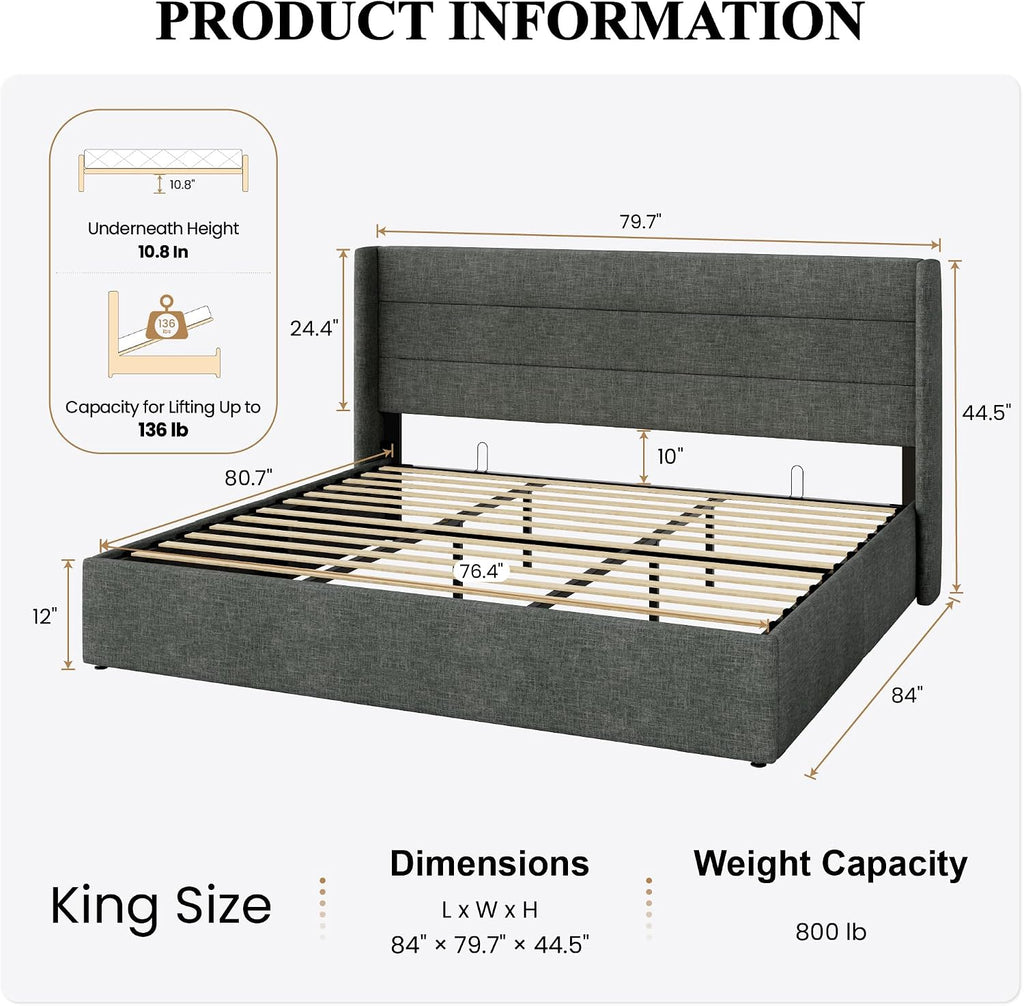 SHA CERLIN King Size Lift Up Storage Bed/Modern Wingback Headboard/Upholstered Platform Bed Frame/Hydraulic Storage/No Box Spring Needed/Wood Slats Support/Dark Grey