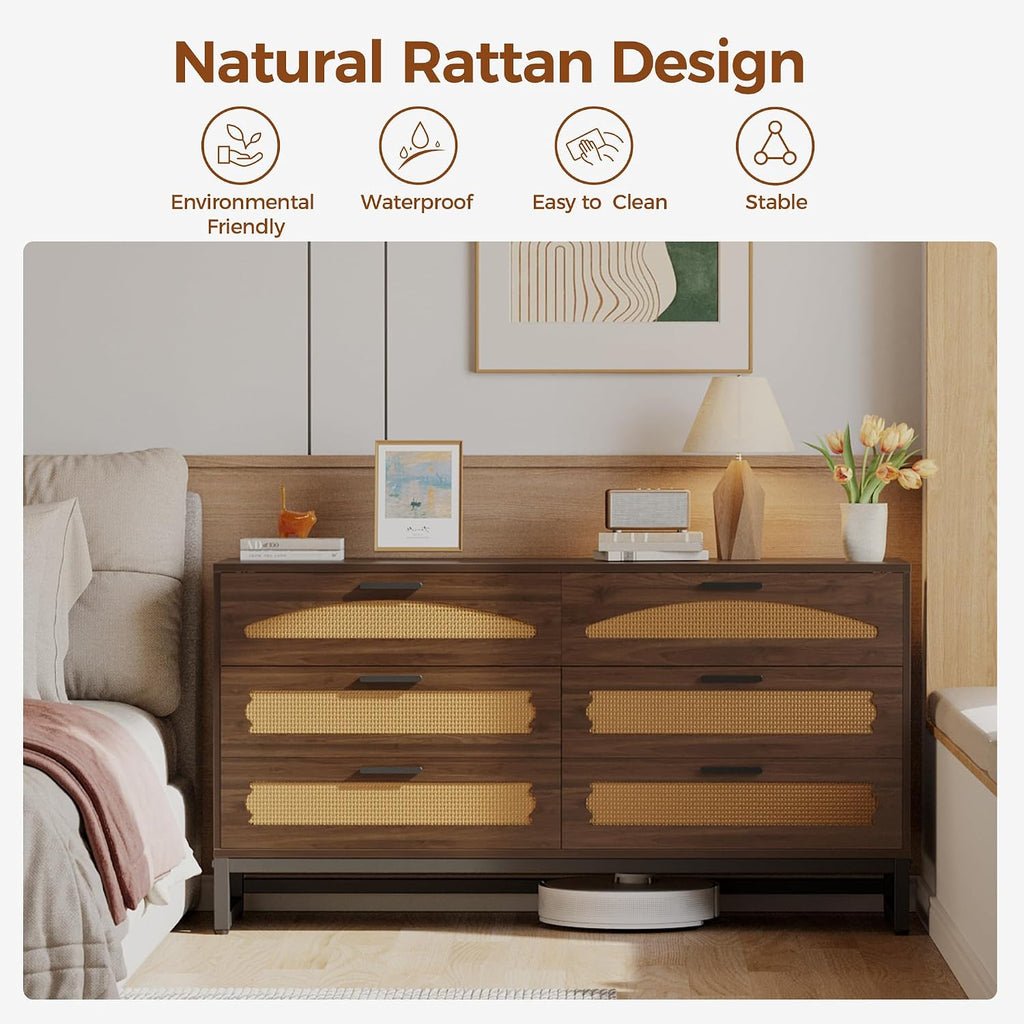 Mericonia 6 Drawer Double Dresser for Bedroom, Rattan Chest of Drawers, Modern Wooden Dresser Chest with Metal Frame for Bedroom, Living Room, Hallway and Entryway, Walnut