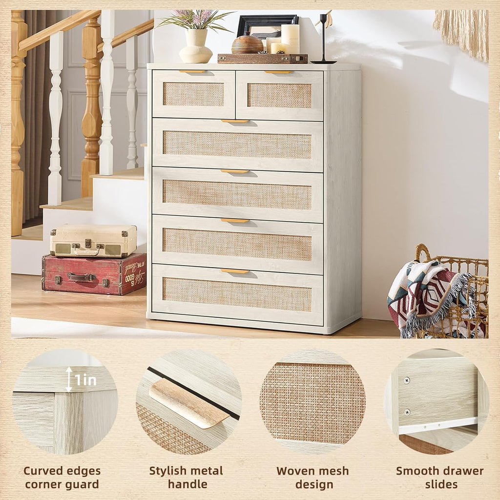 LEYAOYAO White Dresser for Bedroom Set of 2, 41' Tall Chest of Drawers, Modern 6 Drawers Boho Rattan Dressers with Storage, Dresser Wooden Closet Organizer for Living Room, Hallway