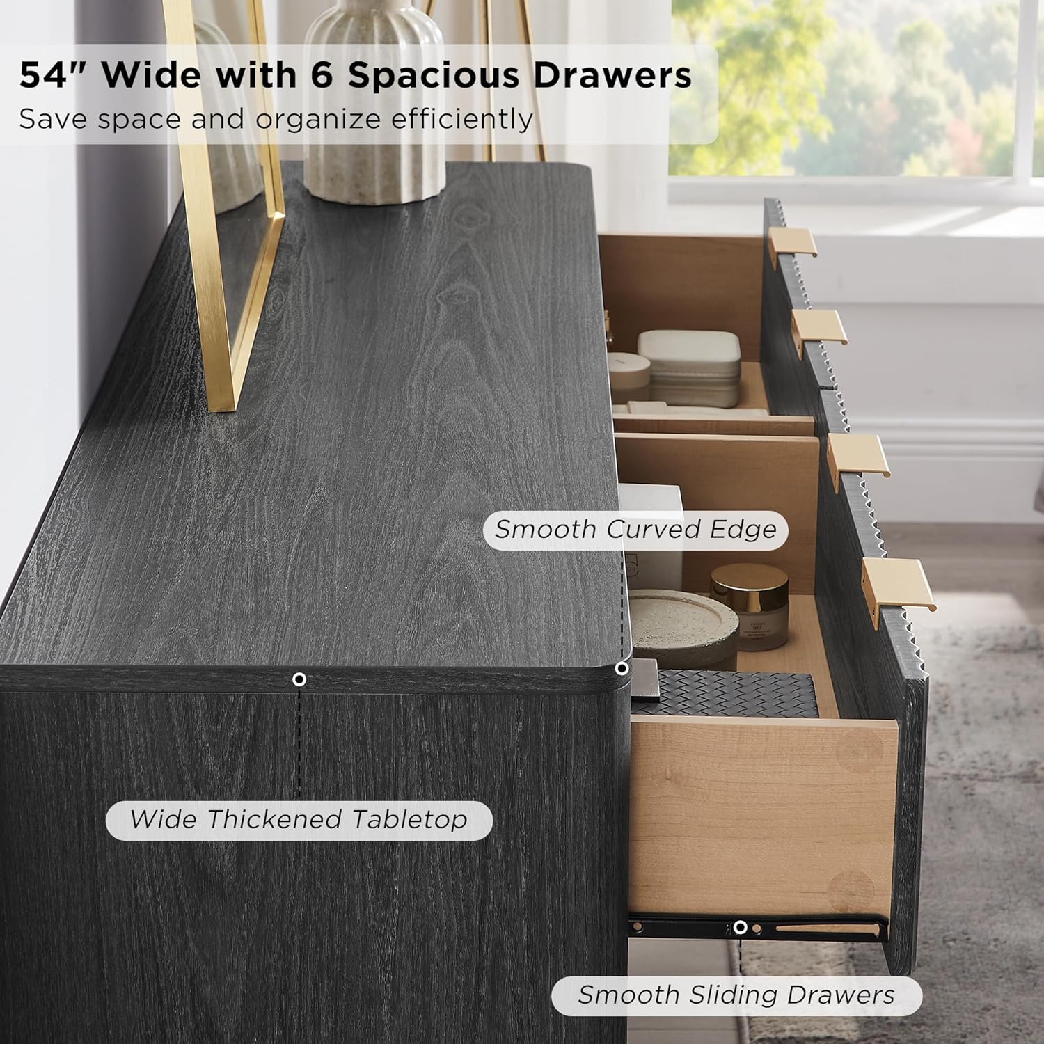 T4TREAM Fluted 6 Drawers Dresser, 54' Wide Modern Chest of Drawers, Curved Profile Design, Dresser TV Stand, Wood Drawer Organizer for Bedroom, Living Room, Hallway, Dark Alder