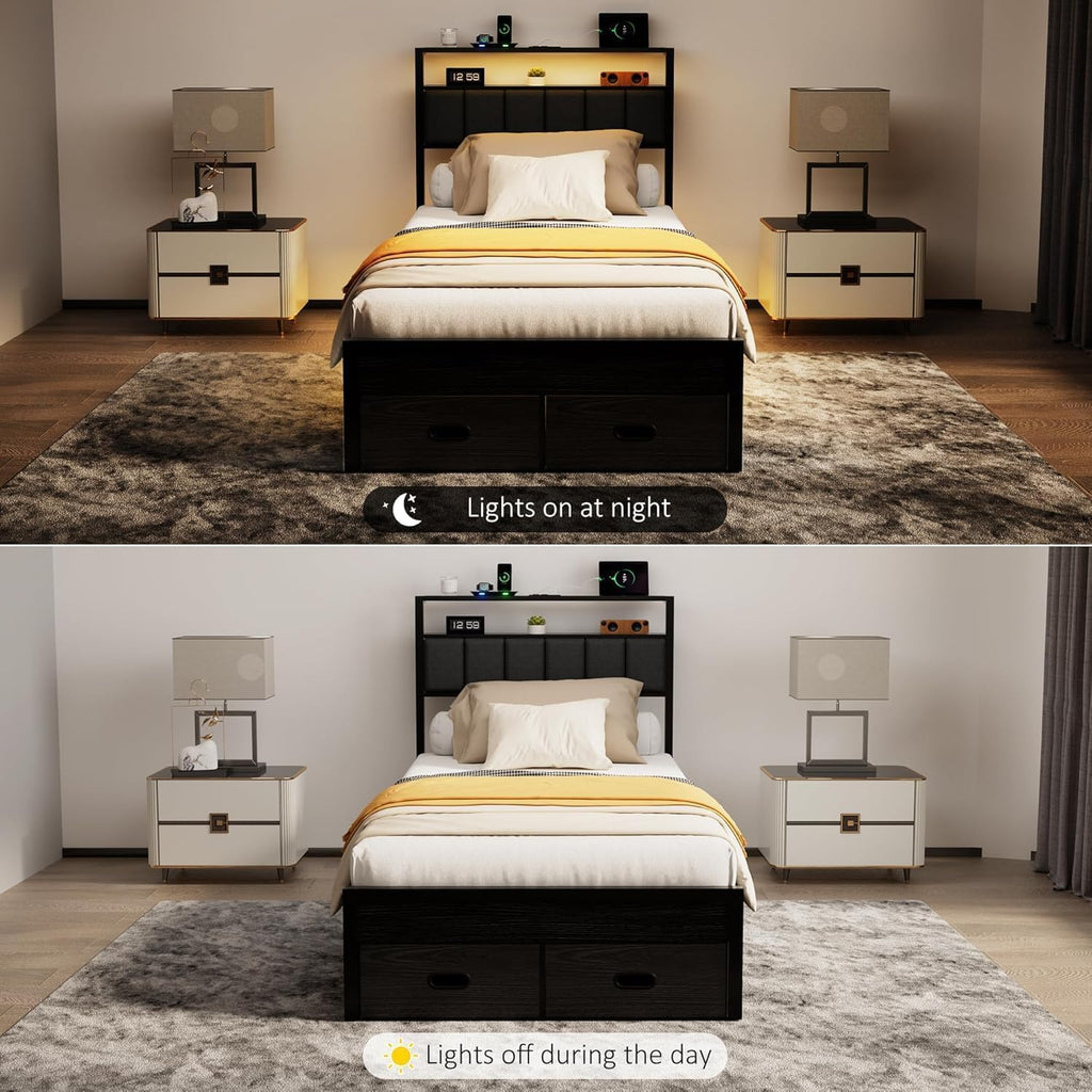 Twin Bed Frames with Storage Drawer, Platform Bed with Charging Station and LED Lights, Upholstered Headboard with 2-Tier Storage Shelves, No Box Spring Needed