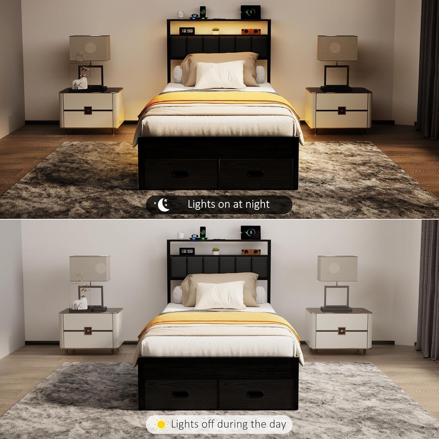 Twin Bed Frames with Storage Drawer, Platform Bed with Charging Station and LED Lights, Upholstered Headboard with 2-Tier Storage Shelves, No Box Spring Needed