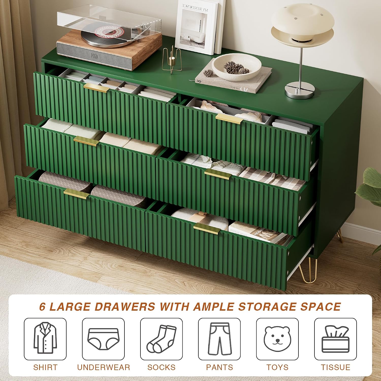 Furniway Green Dresser for Bedroom, Modern Dresser with Gold Metal Handles & Chests of Drawers for Bedroom, 15.7' D x 47.2' W x 29.5' H