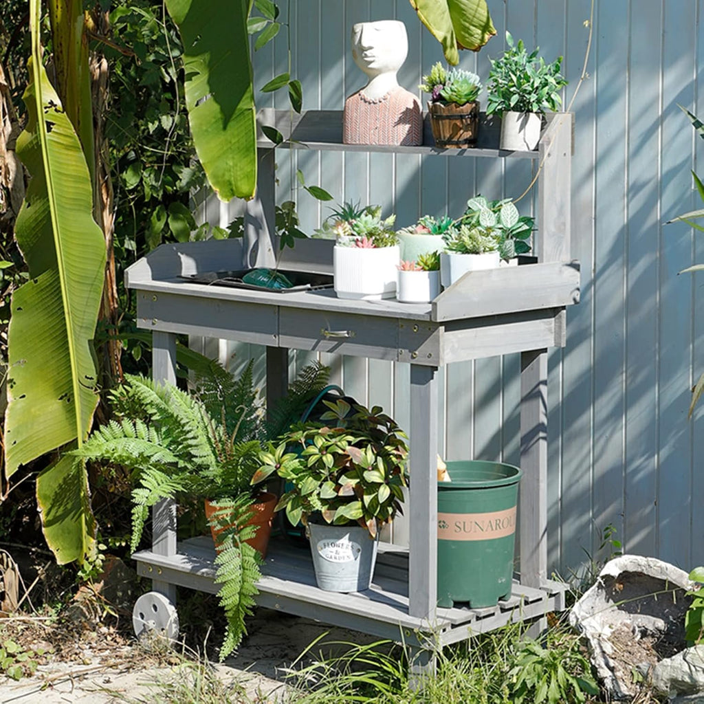 Drawer Rack Shelves Work Station Potting Table Work Bench Potting Table with Sink Garden Work Station Planting Bench (Grey 92x45x140cm)