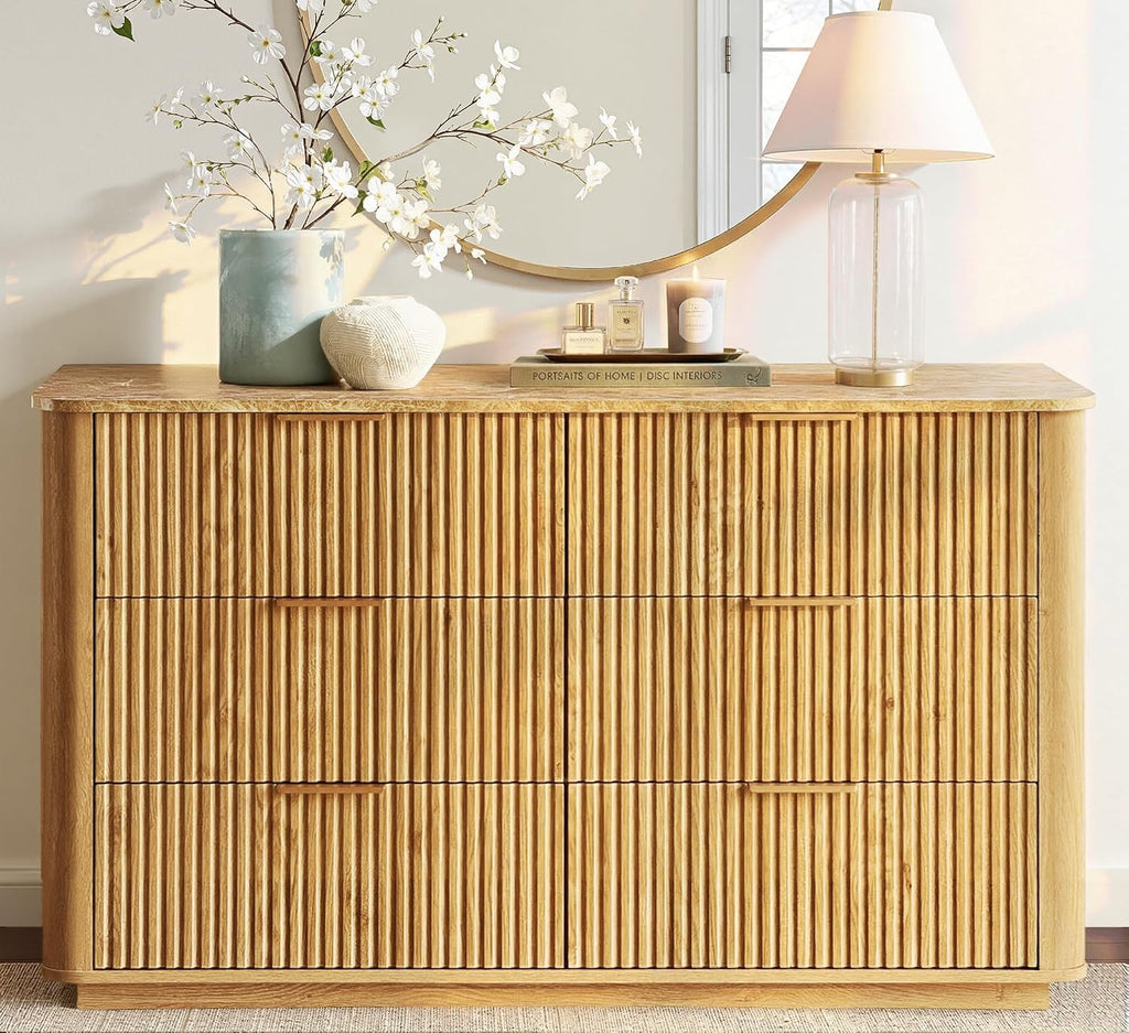 win2win 6 Drawer Dresser, Modern Dresser with Storage, 47' Wide Fluted Chest of Drawers with Faux Marble Top, Dressers TV Stand, Minimalist Drawers Organizer for Bedroom, Living Room, Hallway, Oak