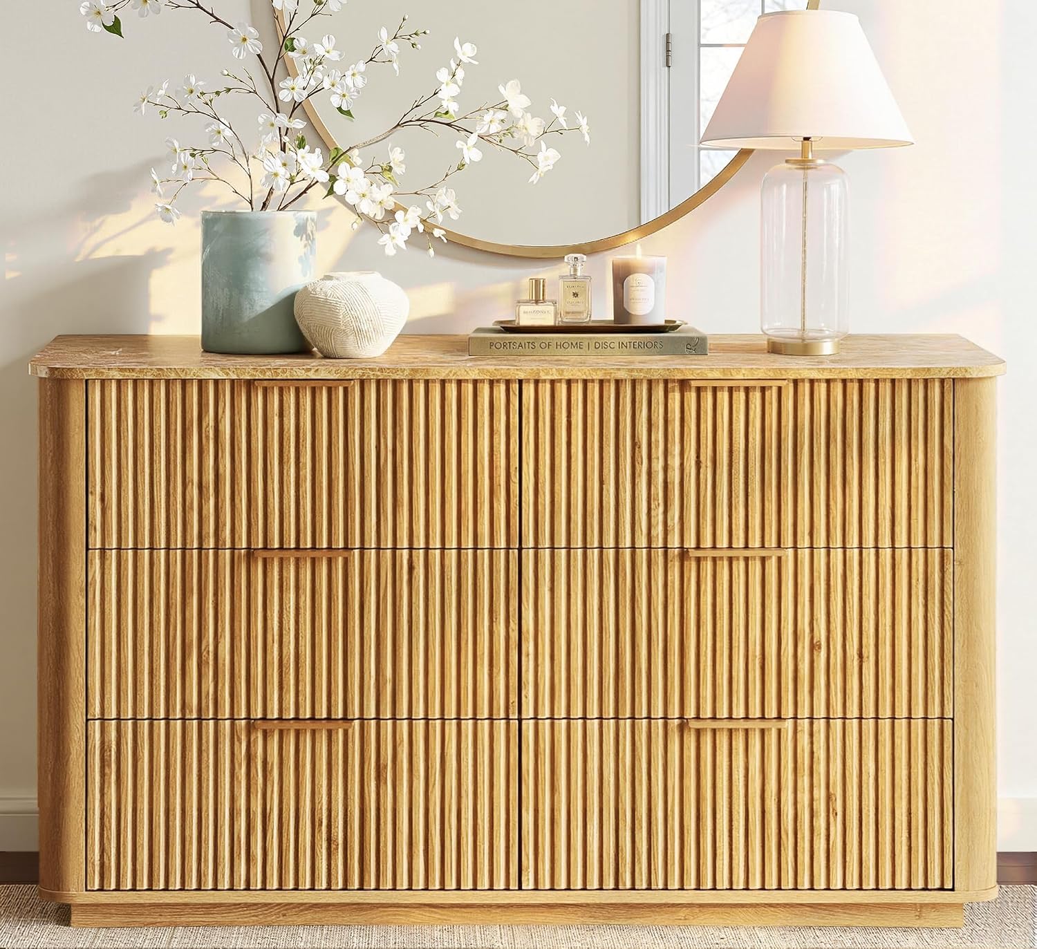 win2win 6 Drawer Dresser, Modern Dresser with Storage, 47' Wide Fluted Chest of Drawers with Faux Marble Top, Dressers TV Stand, Minimalist Drawers Organizer for Bedroom, Living Room, Hallway, Oak