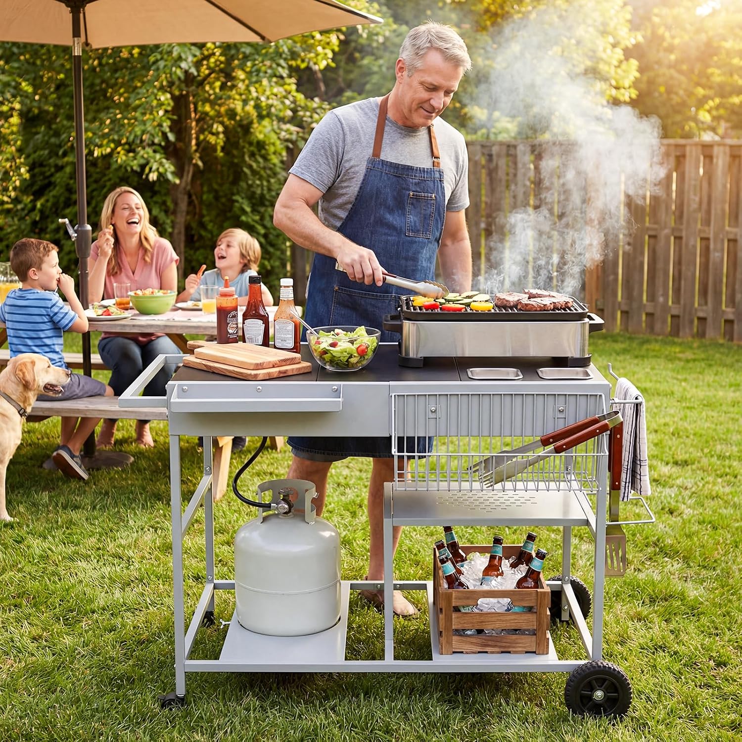 HAPPYGRILL Outdoor Grill Cart, Movable BBQ Pizza Oven Stand w/Lockable Wheels, Grill Tables w/Garbage Bag Holder, Removable Hooks, Portable Cooking Prep Table for BBQ Party