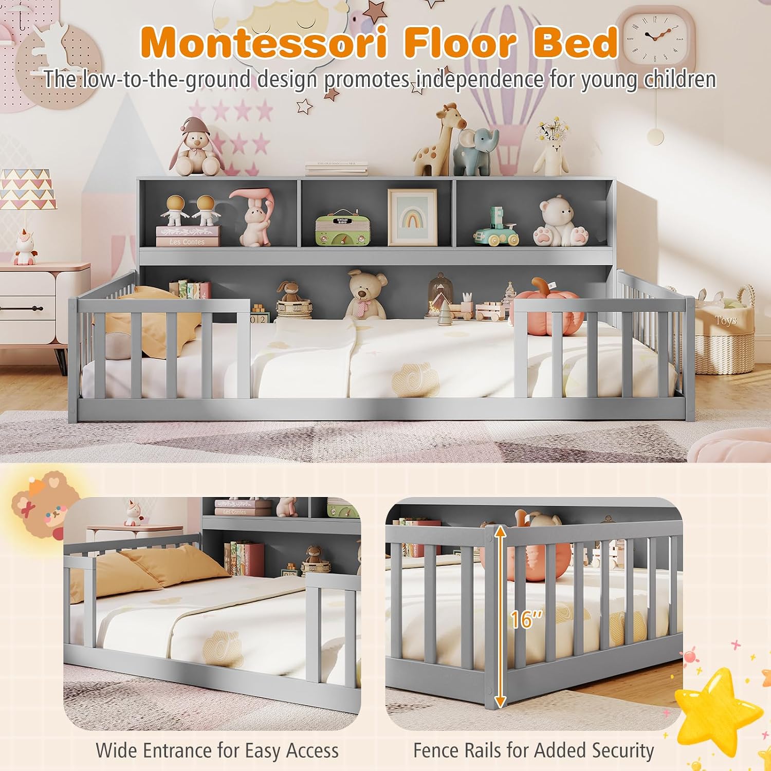 Giantex Full Size Floor Bed for Kids, Wooden Montessori Bed Frame with Bookcase, Storage Shelves & Safety Fence Rails, Floor Beds Full for Girls, Boys, No Box Spring Needed, Without Slats, Grey