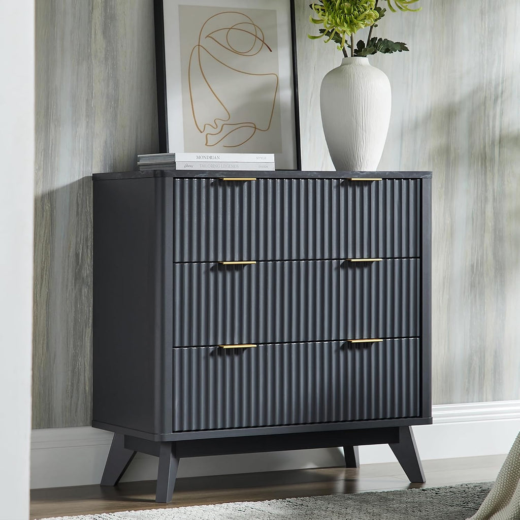 T4TREAM Fluted 3 Drawer Dresser, 32' Tall Modern Chest of Drawers with Faux Marble Top, Curved Profile Design, Wood Drawer Organizer for Bedroom, Living Room, Hallway, Entryway, Dark Grey