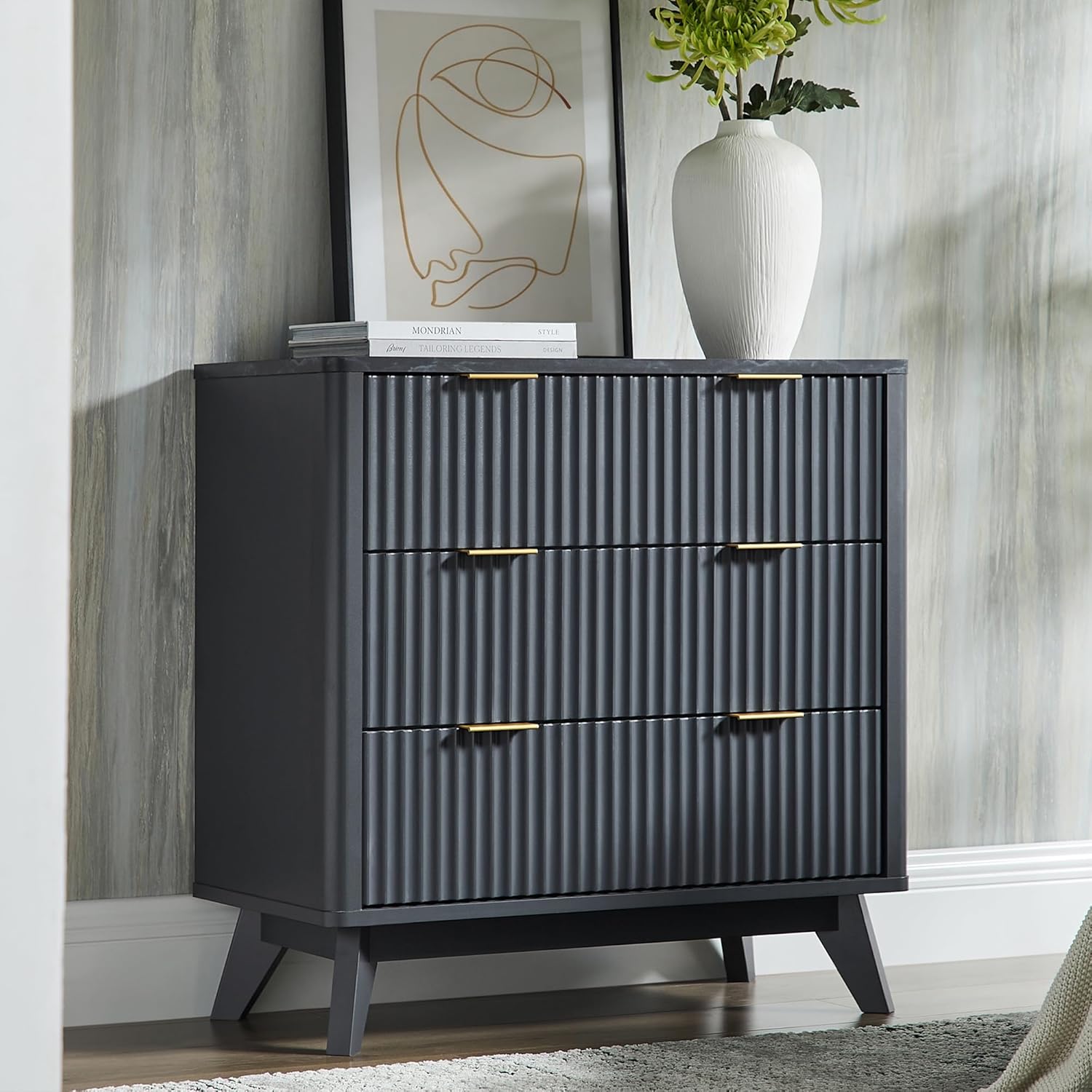 T4TREAM Fluted 3 Drawer Dresser, 32' Tall Modern Chest of Drawers with Faux Marble Top, Curved Profile Design, Wood Drawer Organizer for Bedroom, Living Room, Hallway, Entryway, Dark Grey
