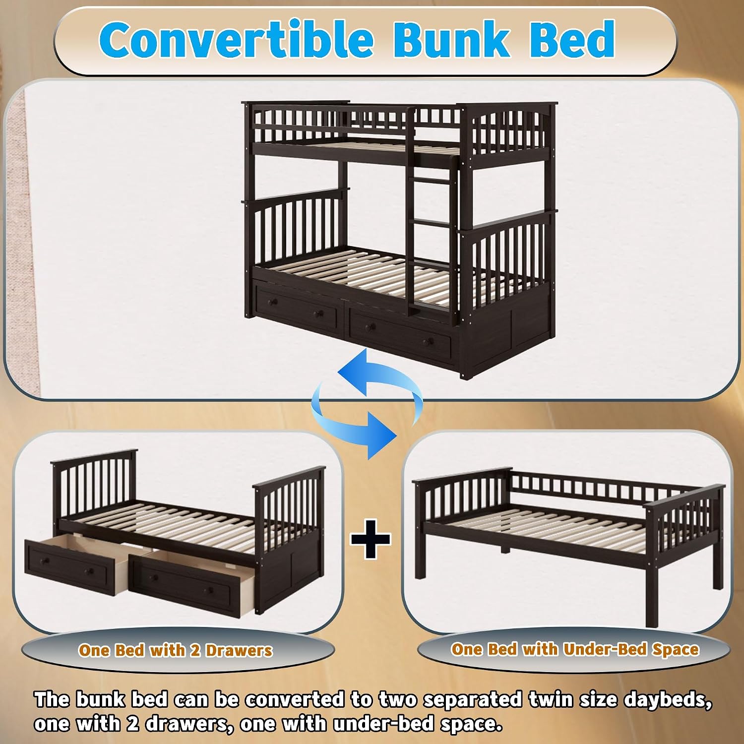 Harper & Bright Convertible Wood Twin-Over-Twin Bunk Bed with Storage Drawers and Ladder - Can Be Divided Into Two Daybeds,Espresso