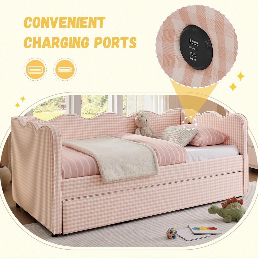 DEINPPA Twin Size Upholstered Daybed with Trundle, Gingham Daybed with USB Ports for Bedroom Living Room Guest Room-Pink