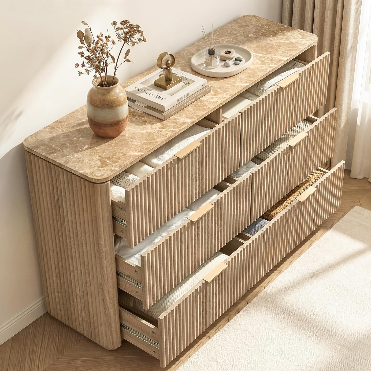 Dresser for Bedroom with 6 Drawers, 54'W Chest of Drawers, Fluted Dresser with Faux Marble Top, Curved Profile Design, Metal Handle, Wood Closet Storage Organizer for Living Room, Hallway, Natural Oak