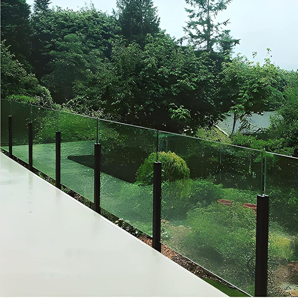 Wall Side Mount Black Glass Railing Post Side Mount, Outdoor Pool Fence Panels Baluster Post, Deck Railing System with Complete Kit for Exterior Steps Villas Balcony/ Stairway(Right End Post,65cm/25.6