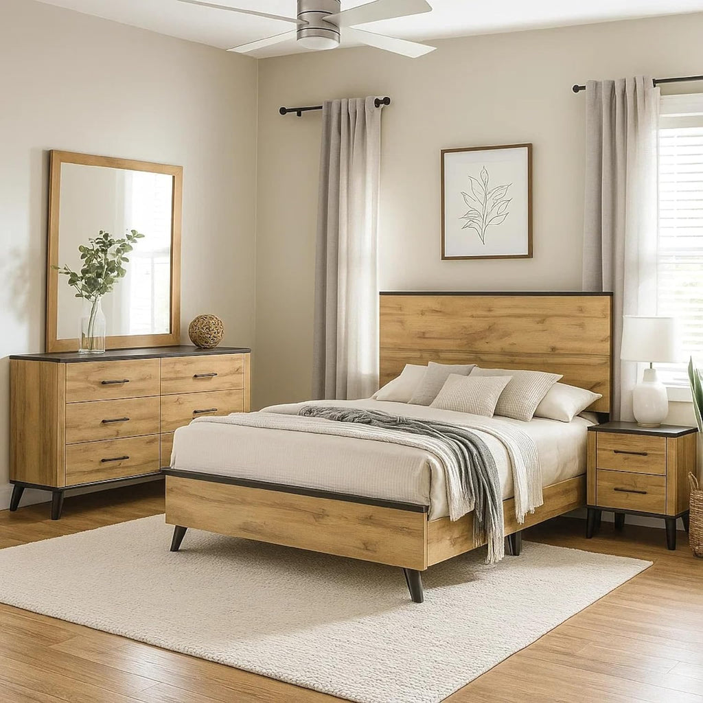 Benzara Wemy 4 Piece Full Size Bed Set, Rustic Brown Pine Wood, Tapered Legs