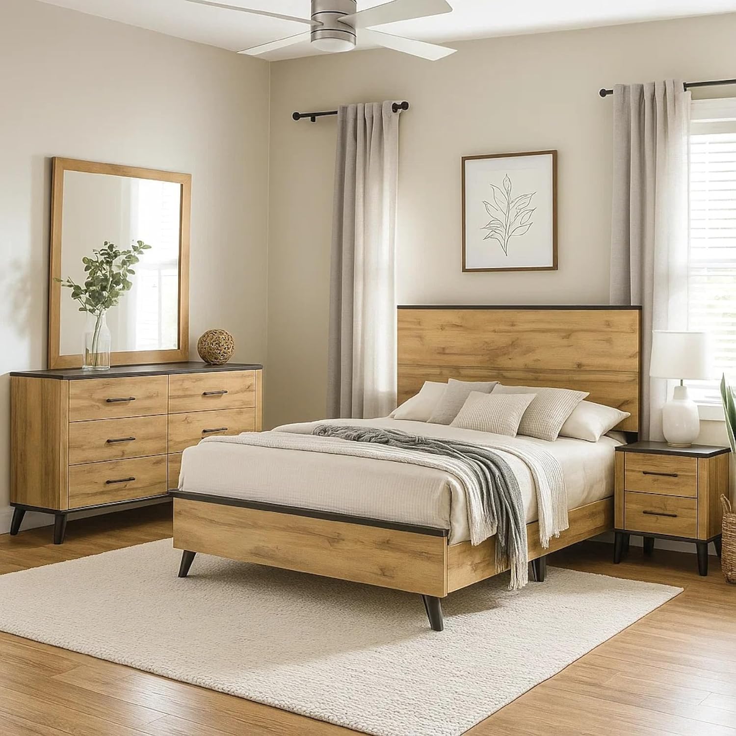 Benzara Wemy 4 Piece Full Size Bed Set, Rustic Brown Pine Wood, Tapered Legs