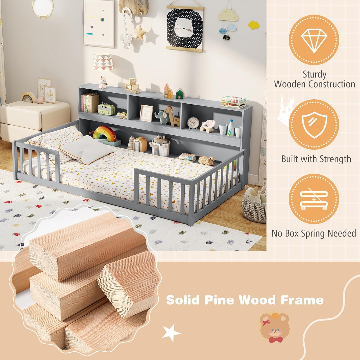Giantex Twin Floor Bed for Kids, Wooden Montessori Bed Frame with Bookcase, Storage Shelves & Safety Fence Rails, Floor Beds Twin for Girls, Boys, No Box Spring Needed, Without Slats, Grey