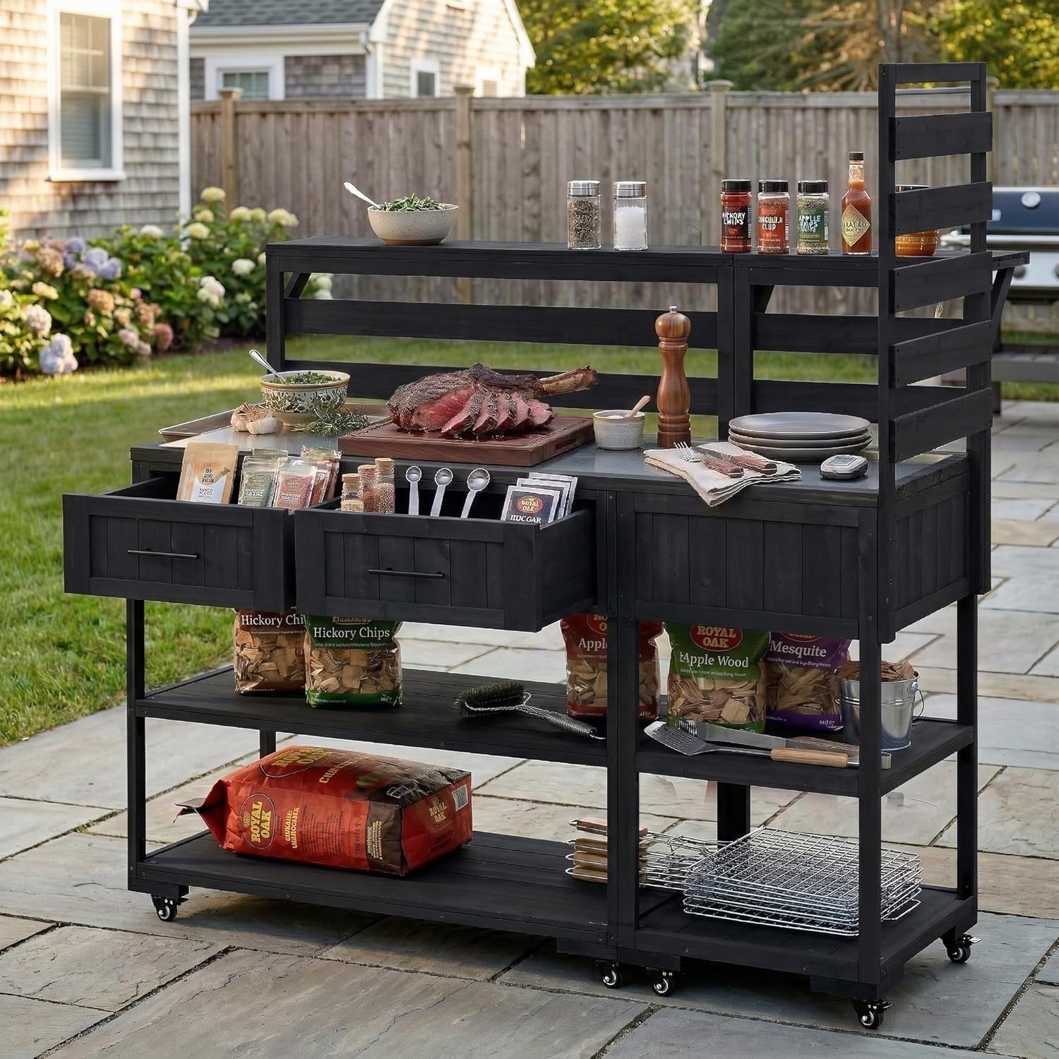 Patio Potting Bench Table with Stainless Table Top, Outdoor Large Garden Workstation on Wheels with Raised Shelf and Drawers for Backyard (Black)