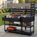 62.3'' Patio Kitchen Island Cart with Stainless Table Top,Solid Wood Garden Potting Bench with Raised Shelf and Drawers, Grill Prep Table for BBQ, Party (Black-PK)
