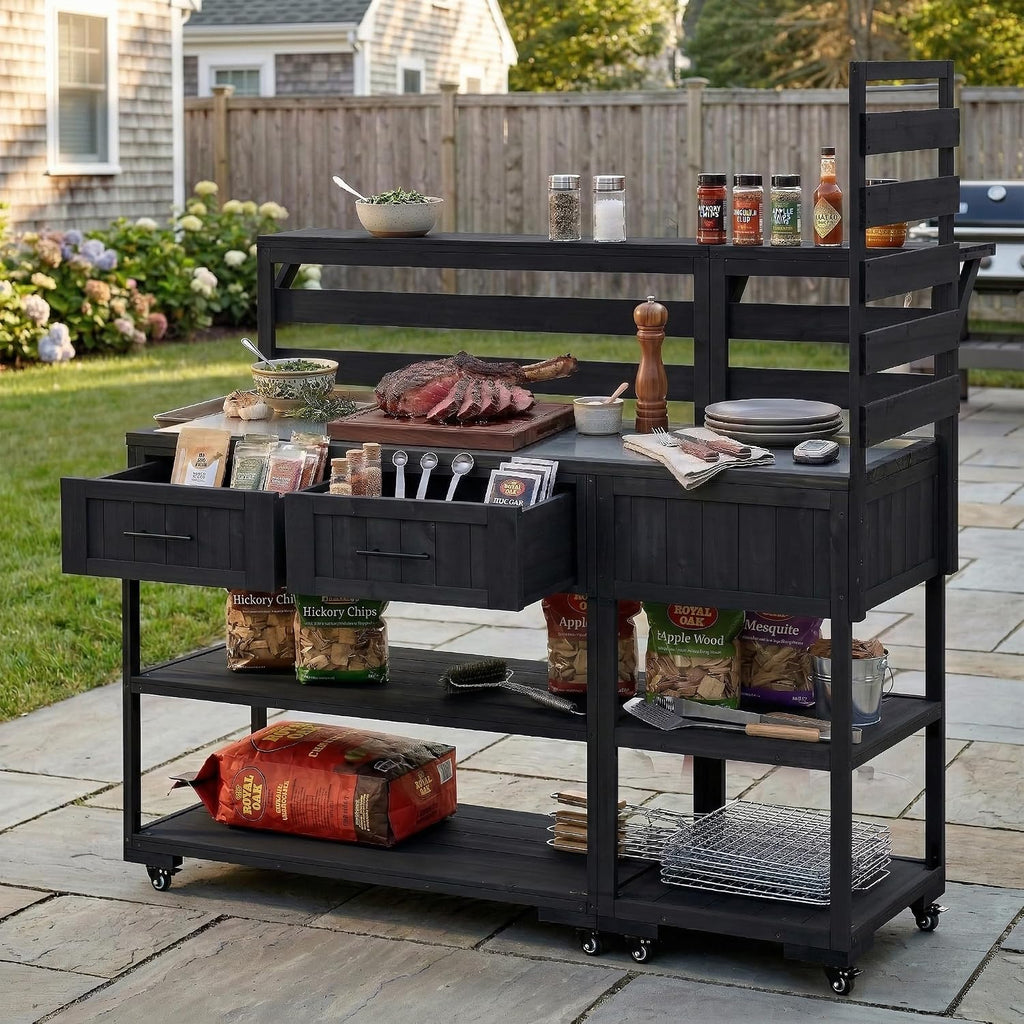 LUMISOL Outdoor Kitchen Island with Stainless Steel Top, Solid Wood Grill Table with Drawers for BBQ Party, Outdoor Garden Potting Bench with Raised Shelf, Black