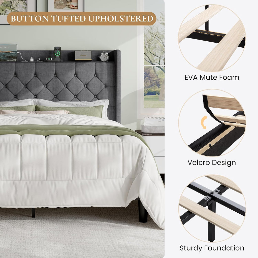 SHA CERLIN Full Size Platform Bed Frame with Charging Station, Linen Wingback Headboard with Storage Shelf, Wooden Slats Support, Ample Under-Bed Space, No Box Spring Needed, Easy Assembly, Dark Grey