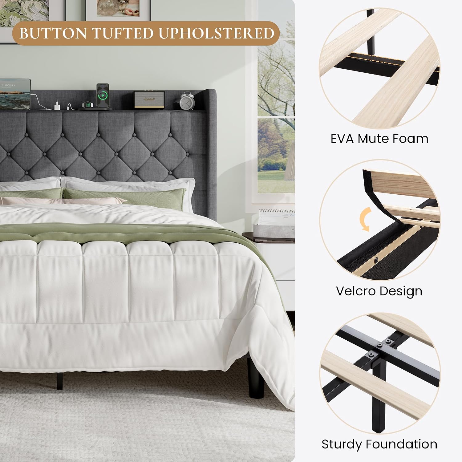 SHA CERLIN Full Size Platform Bed Frame with Charging Station, Linen Wingback Headboard with Storage Shelf, Wooden Slats Support, Ample Under-Bed Space, No Box Spring Needed, Easy Assembly, Dark Grey