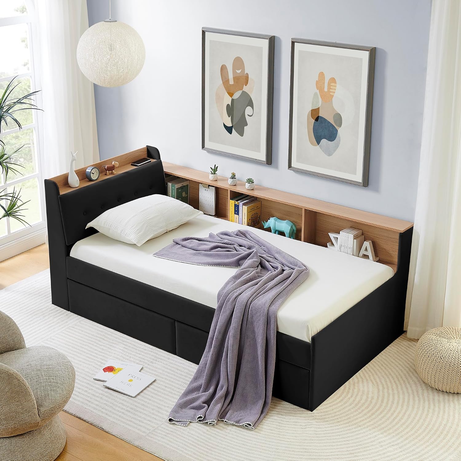 Corner Bed with Desk and Bookcase, LED Lights & USB Ports, Modern Twin Daybed with Storage Underneath Drawers, Soft Velvet Upholstered Day Bed Kids Bedroom Furniture Set Small Places (Black, Twin)
