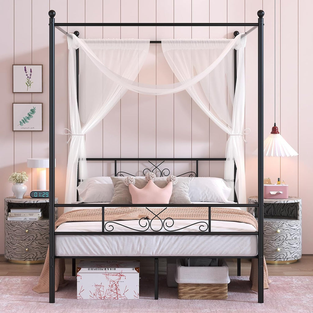 Weehom Canopy Bed Frame Full Size, Full Canopy Bed Frame with Headboard and Footboard, 4-Poster Mattress Foundation No Box Spring Needed Black