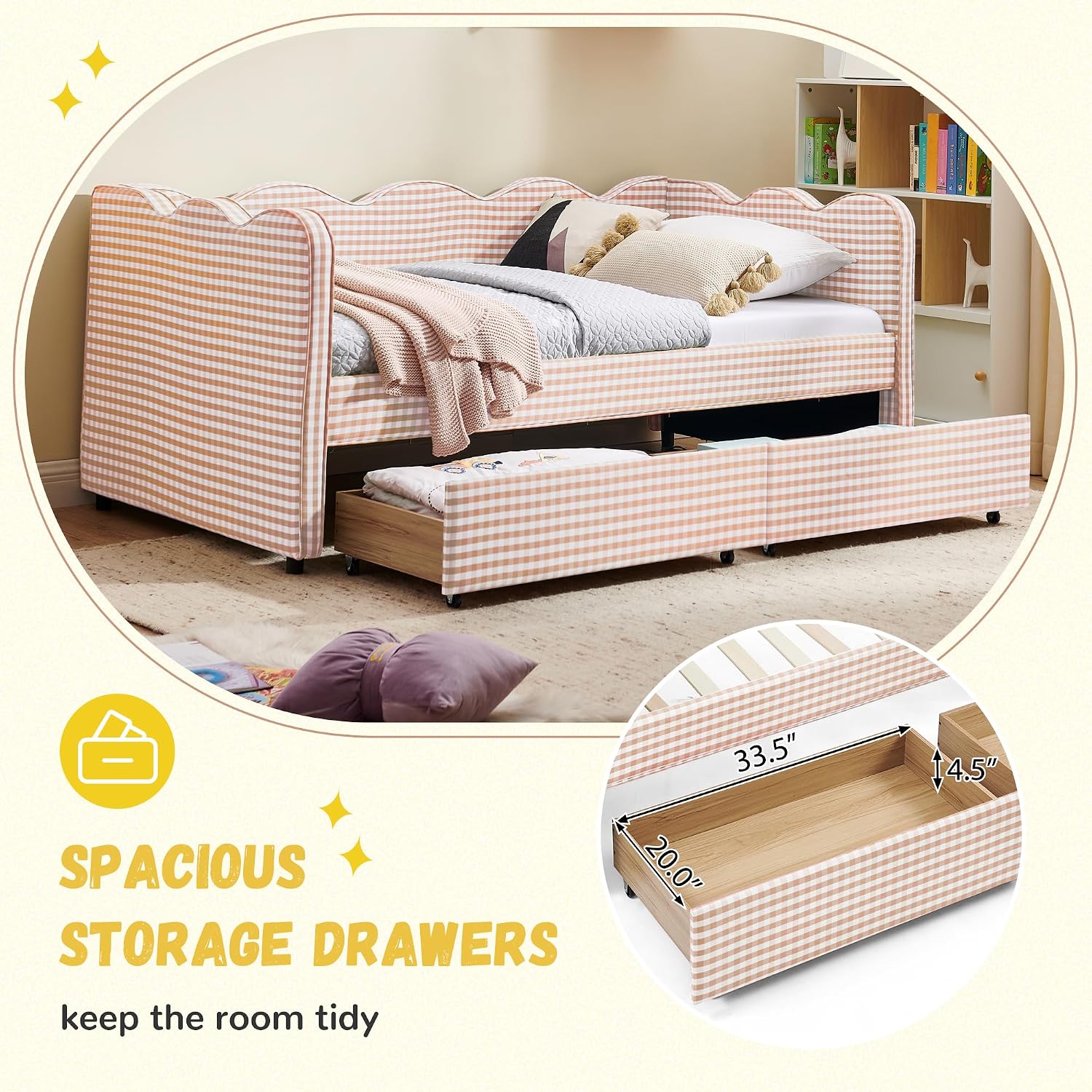 DEINPPA Twin Size Upholstered Daybed with 2 Storage Drawers, Gingham Daybed with USB Ports for Bedroom Living Room Guest Room-Pink