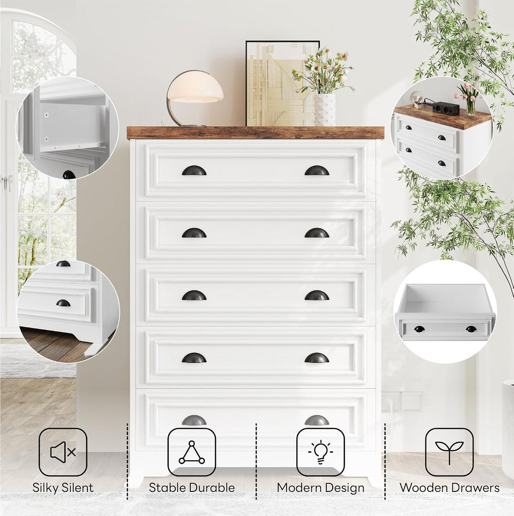 LIKIMIO 5-Drawer 43' Tall Dresser with Built-in Charging Station - Farmhouse Style Bedroom Storage Cabinet, Brown & White