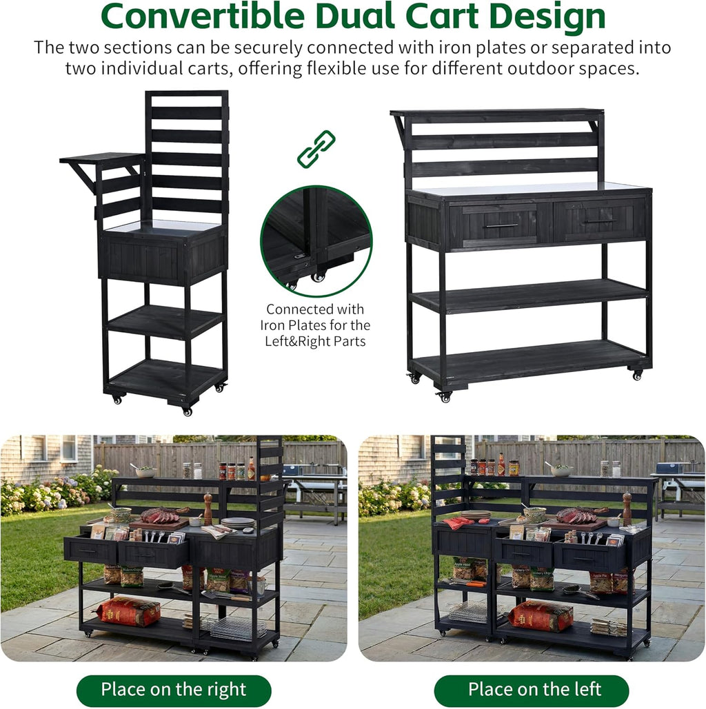 Outdoor Kitchen Island with Stainless Steel Top, 62 in | Fir wood, stainless steel top, raised shelf, modular 2-cart design, lockable wheels, BBQ prep, 62.3 W x 28.6 D x 65 H in