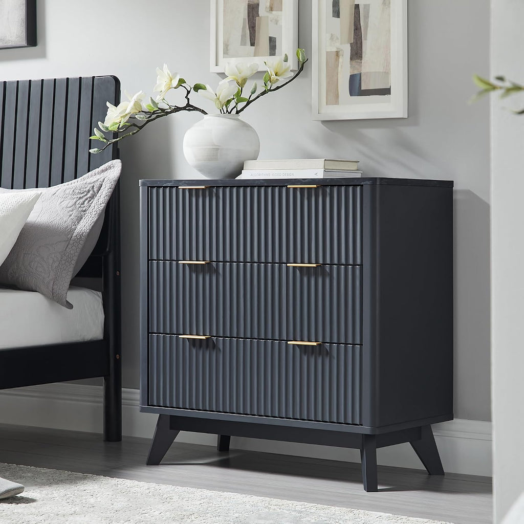 T4TREAM Fluted 3 Drawer Dresser, 32' Tall Modern Chest of Drawers with Faux Marble Top, Curved Profile Design, Wood Drawer Organizer for Bedroom, Living Room, Hallway, Entryway, Dark Grey