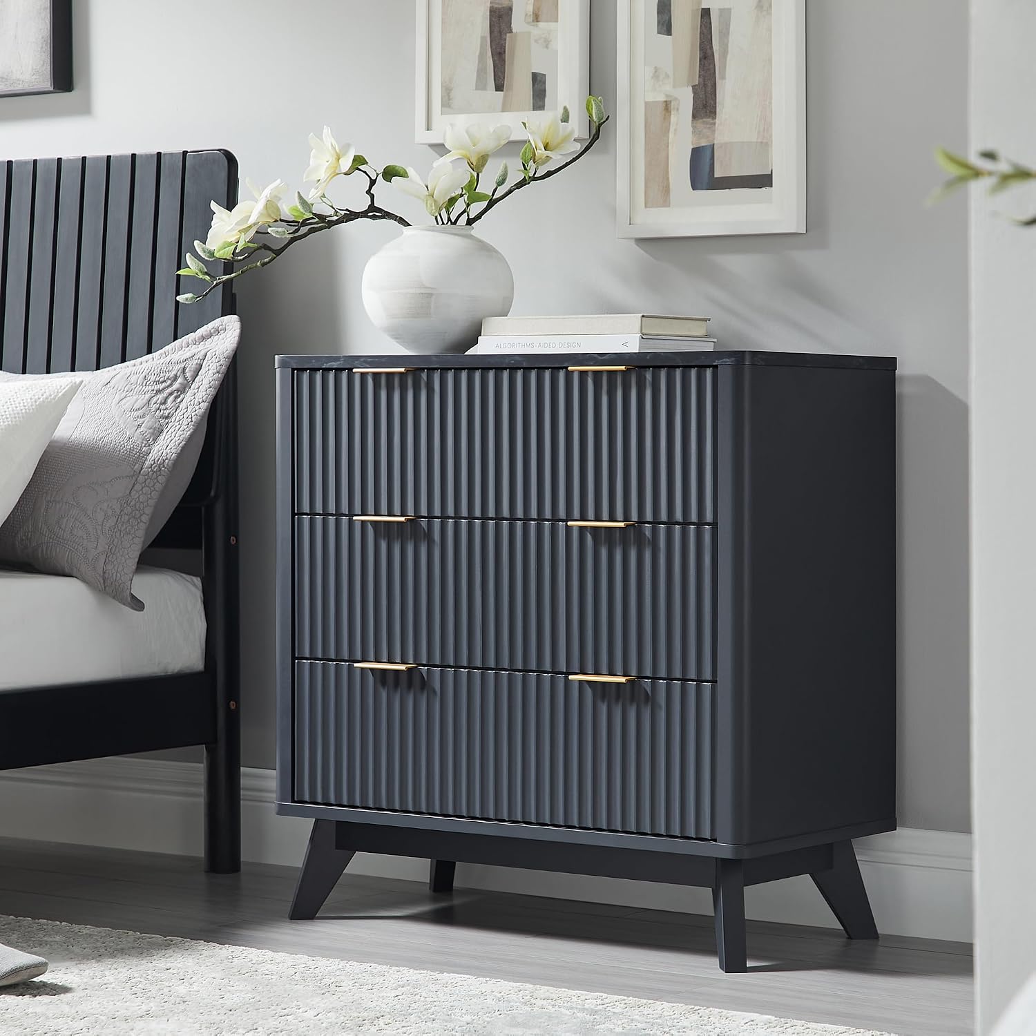 T4TREAM Fluted 3 Drawer Dresser, 32' Tall Modern Chest of Drawers with Faux Marble Top, Curved Profile Design, Wood Drawer Organizer for Bedroom, Living Room, Hallway, Entryway, Dark Grey