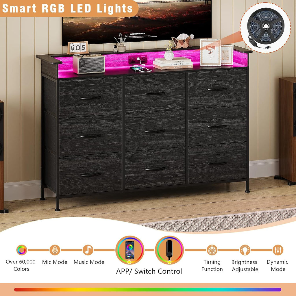 EXOTICA Black Dresser with Charging Station 9 Drawers Dresser with LED Light and USB Ports Fabric Dressers for Bedroom Hallway Entryway Closets Sturdy Steel Frame Wood Top