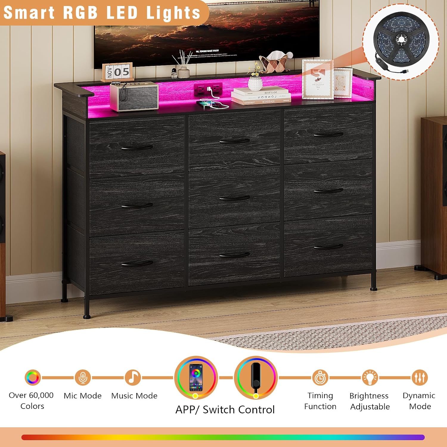 EXOTICA Black Dresser with Charging Station 9 Drawers Dresser with LED Light and USB Ports Fabric Dressers for Bedroom Hallway Entryway Closets Sturdy Steel Frame Wood Top
