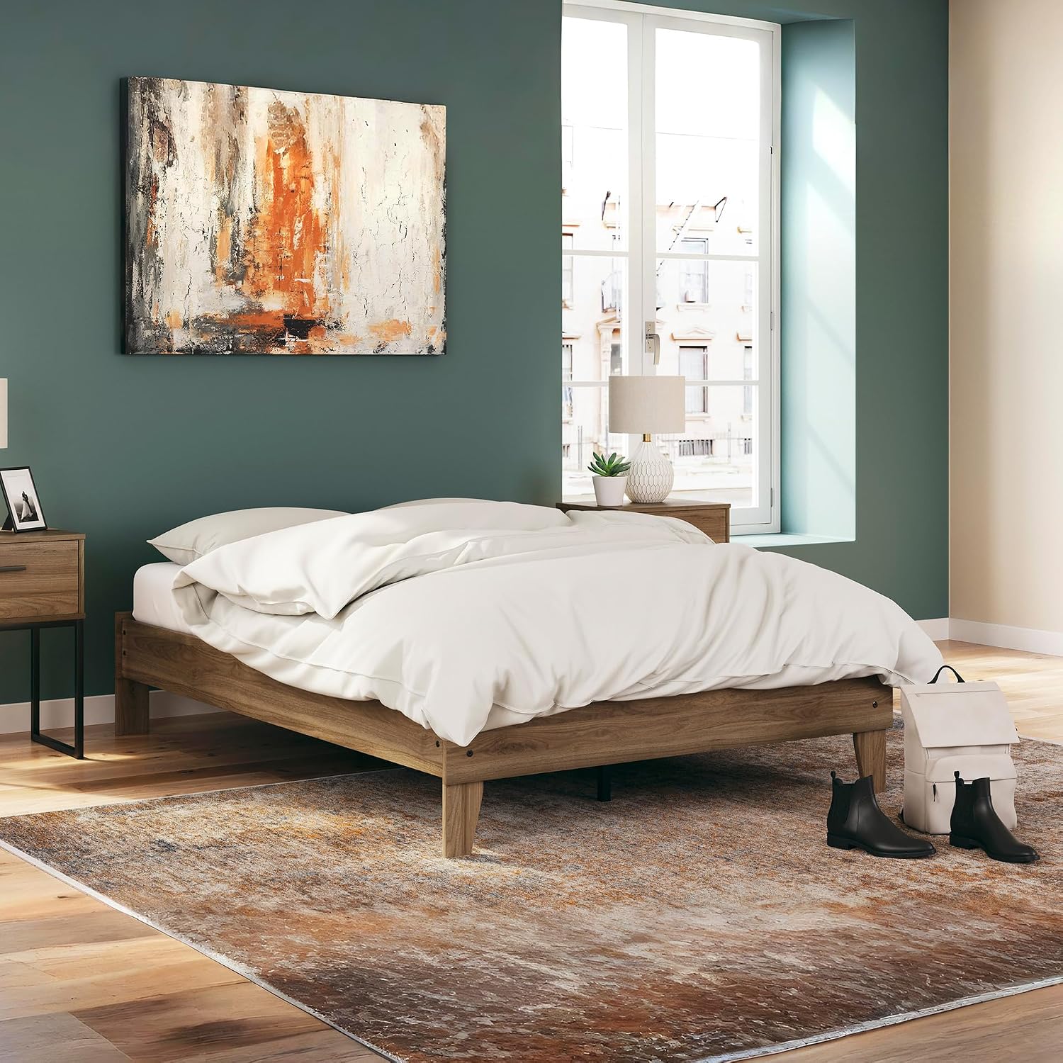 Signature Design by Ashley Deanlow Mid-Century Modern Full Platform Bed with Metal Slats and Center Support Legs, Dark Brown