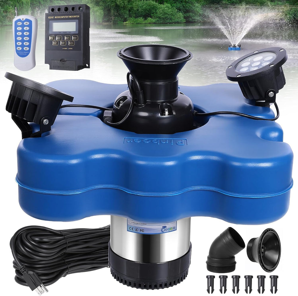 Pond Fountain Aerator with Led Lights RGB-15000 GPH,110V 1HP 750W Floating Fountain Aeration for Large Ponds,Aerating Fountain Pump for Outdoor Ponds & Lakes with 15A/100FT Power Cord