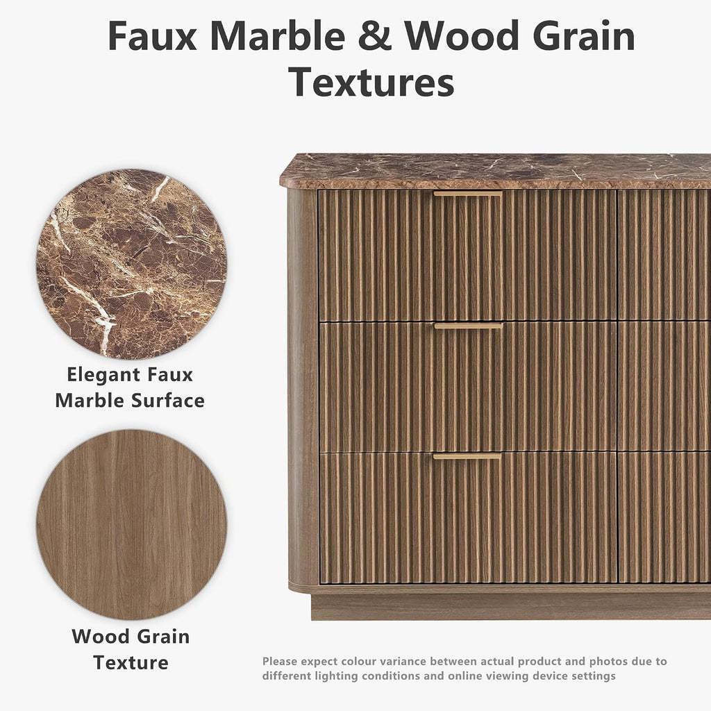 win2win 6 Drawer Dresser, Mid Century Modern Dresser with Storage, 47' Wide Fluted Chest of Drawers with Faux Marble Top, Dressers TV Stand, Drawers Organizer for Bedroom, Living Room, Hallway, Walnut