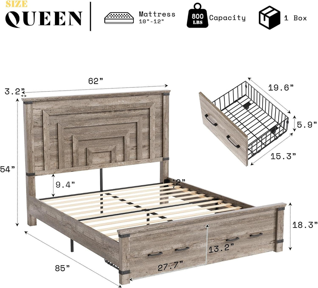 AMERLIFE Farmhouse Queen Bed Frame with 54' Tall Geometric Headboard & Footboard, Rustic Wood Platform Bed Frame with Large Storage Drawers, Wood Slats Support, No Box Spring Needed, Rustic Grey